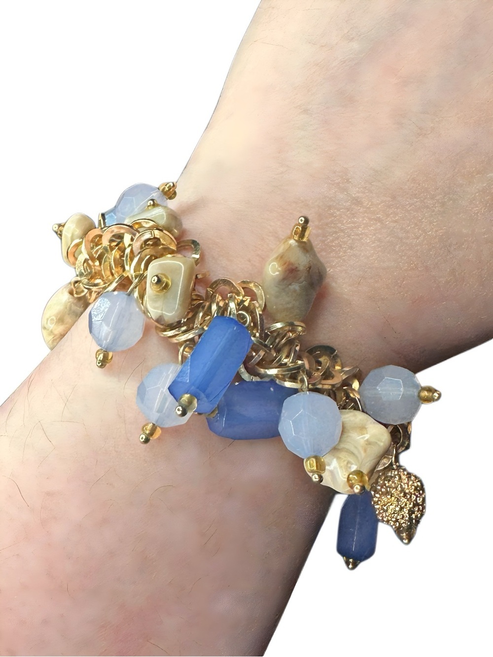 Chico's Gold Charm Bracelet with Blue and Cream Beads